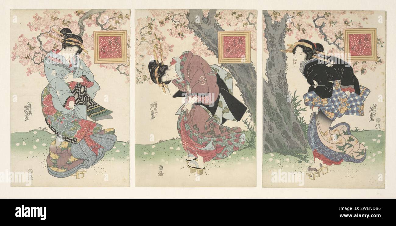 Bellezas en una tormenta de primavera, c. 1828 imprimir tres mujeres en el viento cerca de un árbol lleno de color rosa flor de cerezo papel madera madera madera de color mujer adulta (+ tres personas). los árboles Foto de stock