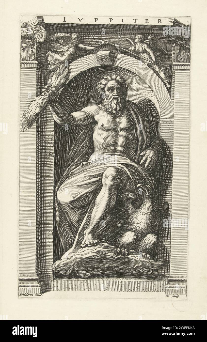 Júpiter, 1592 imprimir Júpiter, sentado en un nicho, un rayo en su mano