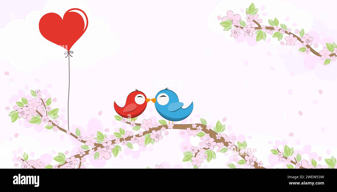 archivo vectorial eps con pájaros de color rojo y azul enamorados, besándose y sentados en ramas con flores y hojas verdes en primavera, con el fondo Ilustración del Vector