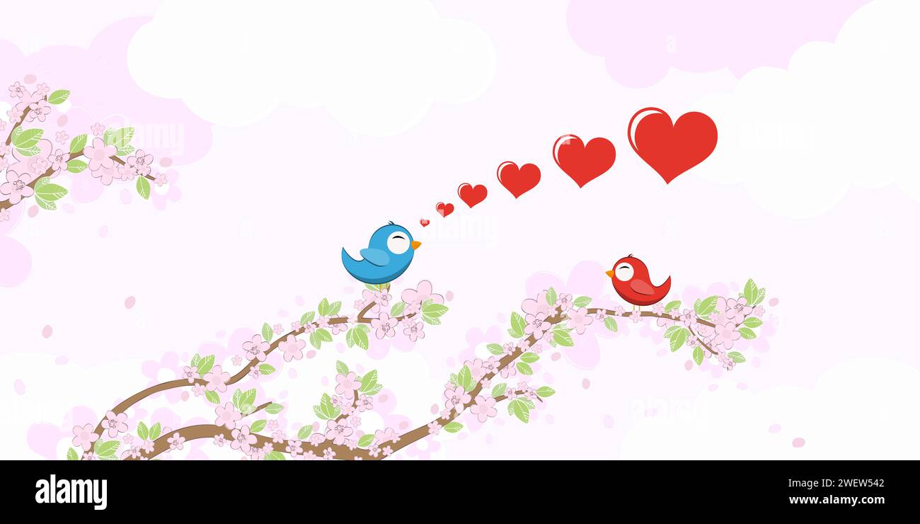 eps archivo vectorial con aves de color rojo y azul en el amor, volando y sentado en ramas con flores y hojas verdes en primavera, fondo con Ilustración del Vector