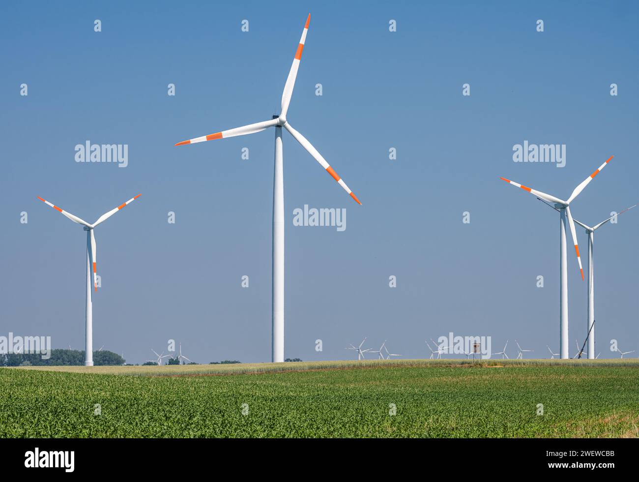 Grandes turbinas eólicas nuevas vistas en la Alemania rural Foto de stock