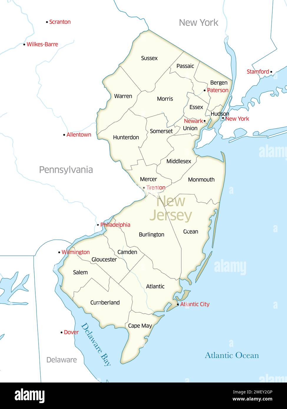Mapa que muestra las fronteras de los diversos condados que componen el estado de Nueva Jersey. Foto de stock