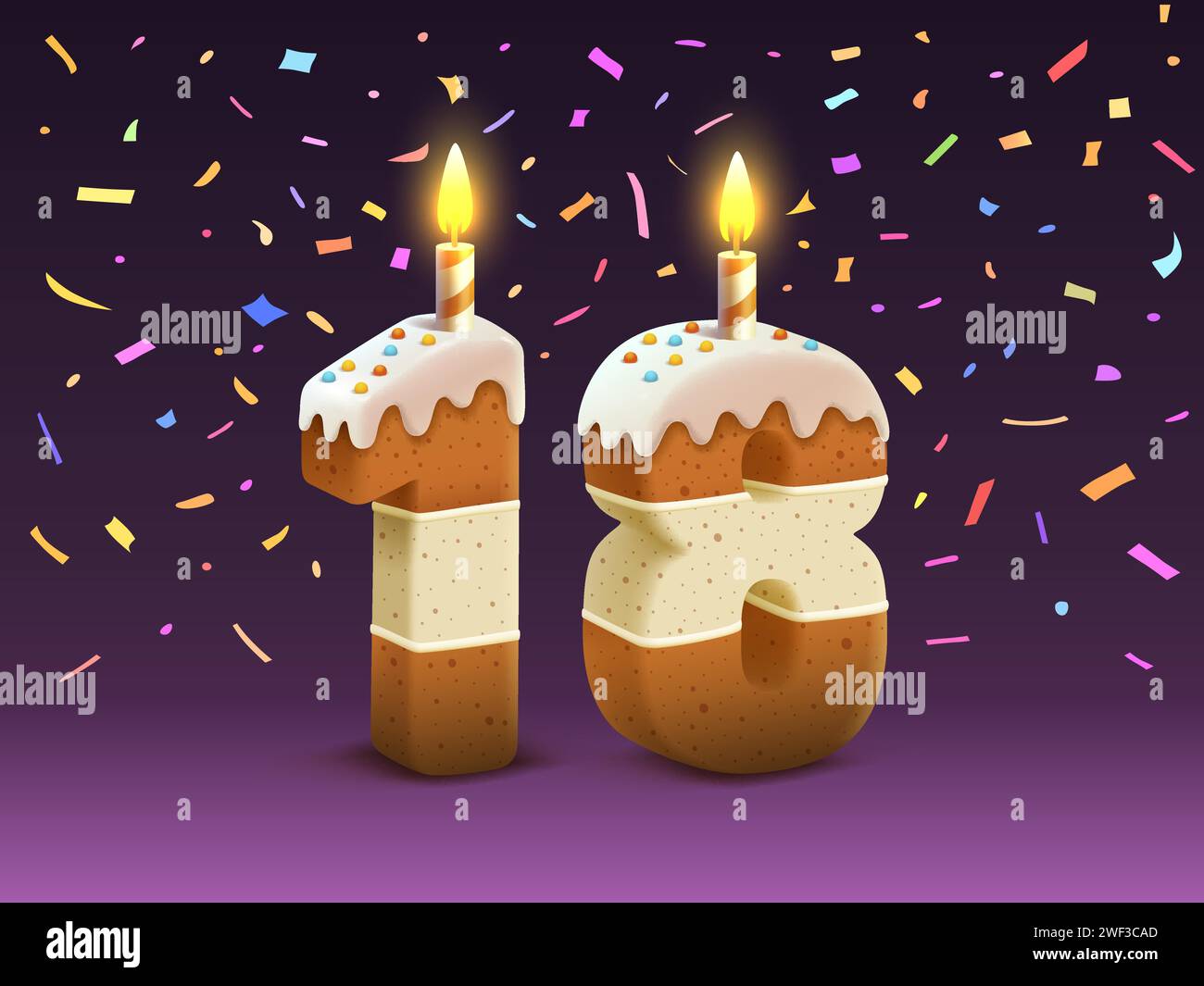 Dieciocho años de aniversario, 18 número de velas de cumpleaños con fuego  en blanco Imagen Vector de stock - Alamy