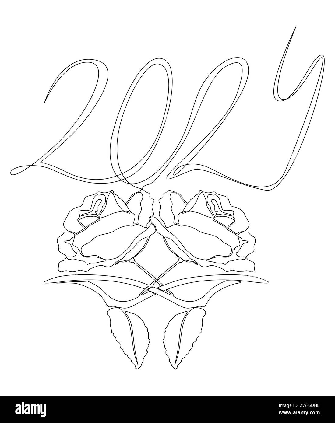 Una línea continua del número 2024 con flores de rosa. Concepto de vector de ilustración de línea delgada. Dibujo de contorno Ideas creativas. Ilustración del Vector