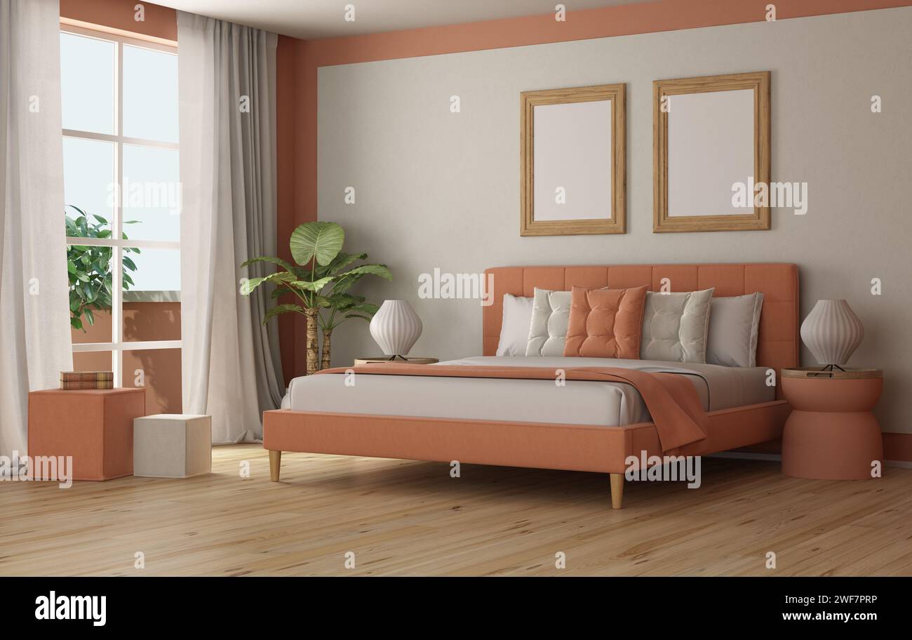 Dormitorio moderno con cama doble en color fuzz melocotón, mesita de noche. footstool y ventana - 3d rendering Foto de stock