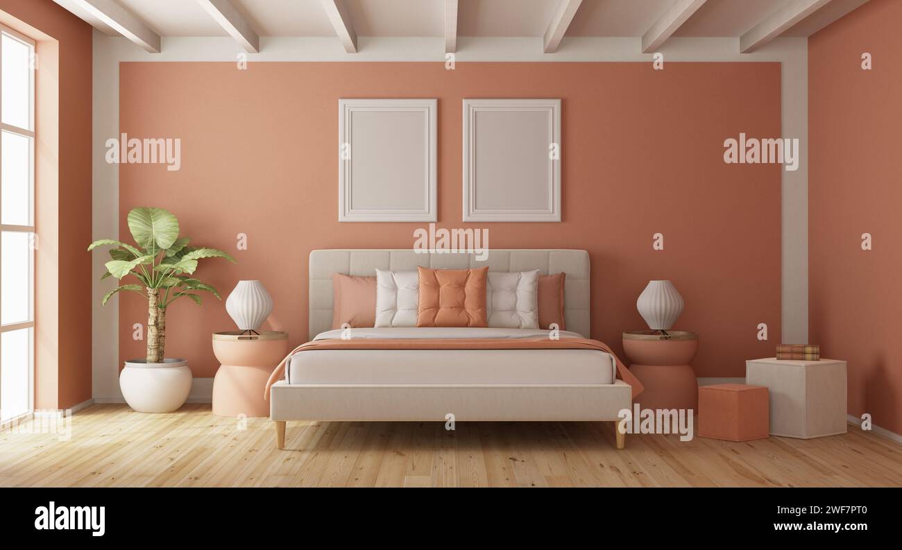 Dormitorio moderno en melocotón fuzz tendencia color año 2024 -3d renderizado Foto de stock