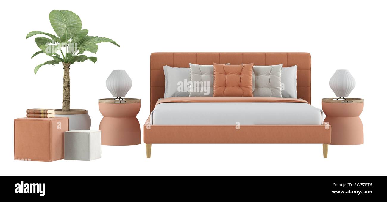 Moderno conjunto de dormitorios, con muebles en color melocotón fuzz sobre fondo blanco, representación 3D. Foto de stock