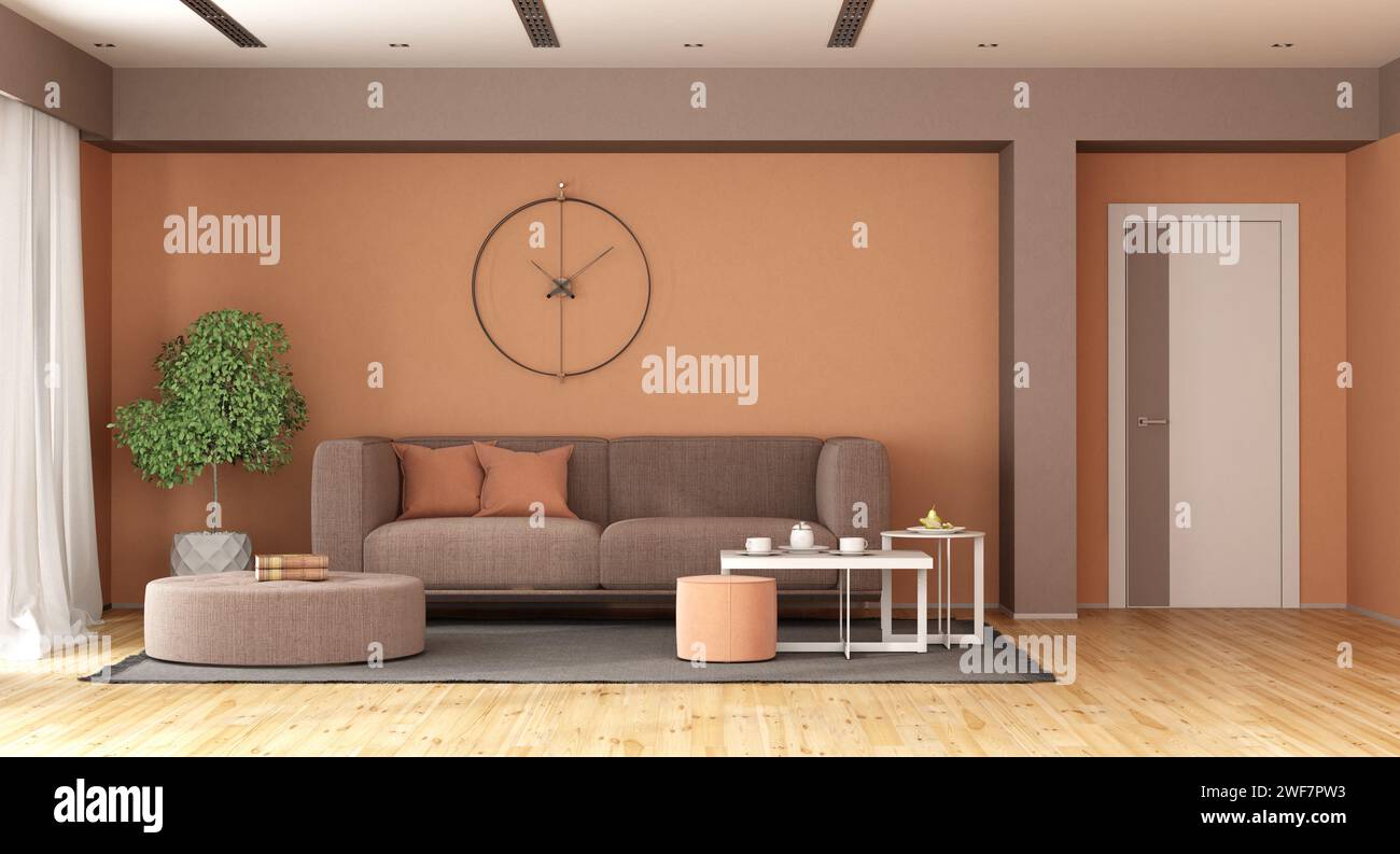 Marrón y melocotón fuzz moderna sala de estar, con sofá, mesa de café y puerta- 3d renderizado Foto de stock