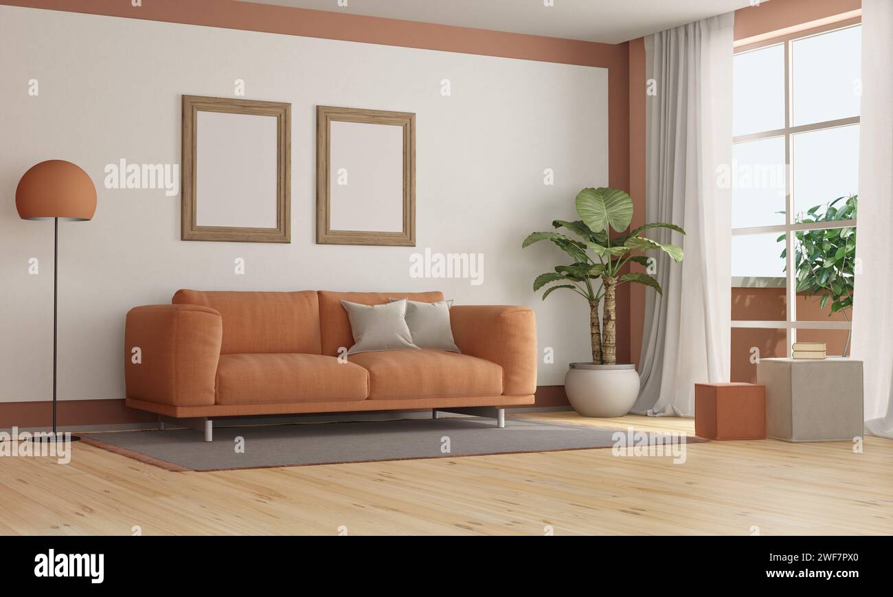 Peach fuzz tendencia color año 2024 , con elegante sofá, lámpara de pie, planta de interior y ventana - representación 3D. Foto de stock