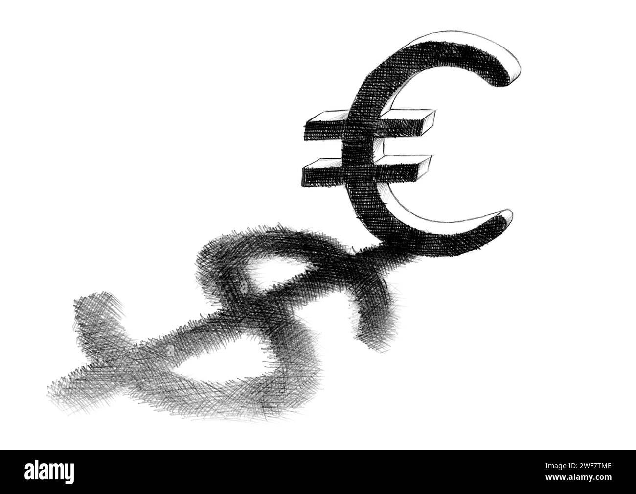 Dibujo a mano alzada a lápiz incubado en el papel de un signo de euro que proyecta una sombra de dólar. Concepto de negocio y finanzas para la relación entre curren europeo Foto de stock