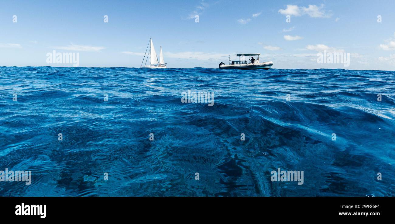 Velero y lancha motora en el océano pacífico Foto de stock