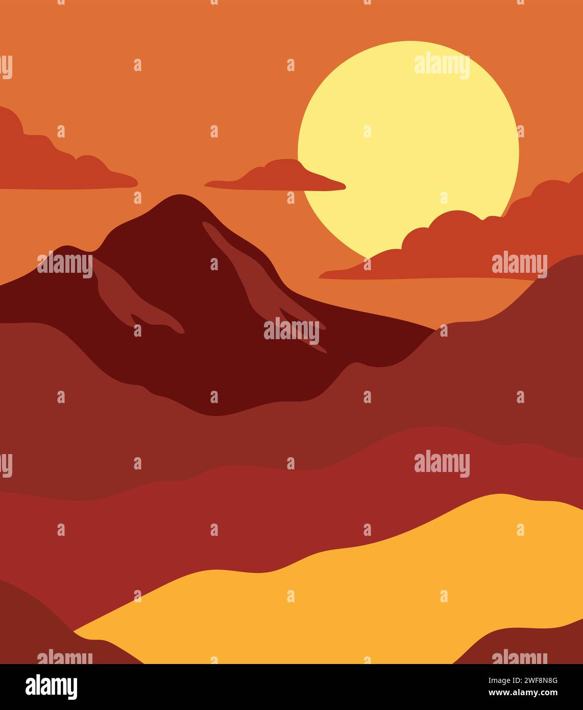 Puesta de sol en las montañas de naranja Ilustración abstracta del vector del arte minimalista Ilustración del Vector