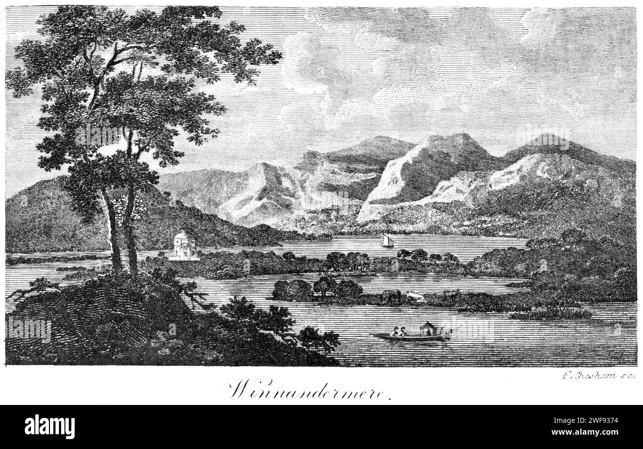 Un grabado de Winnandermere (Windermere) en el Distrito Inglés de los Lagos del Reino Unido escaneado a alta resolución de un libro impreso en 1806. Foto de stock