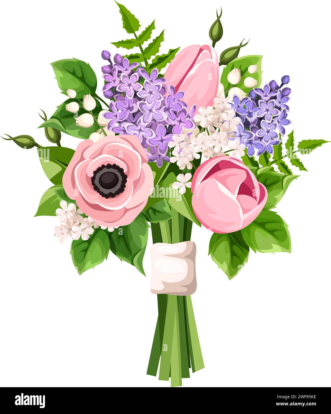Ramo de flores de tulipán rosa y anémonas, flores lilas y lirios de las flores del valle. Vector ramo floral aislado sobre un fondo blanco Ilustración del Vector