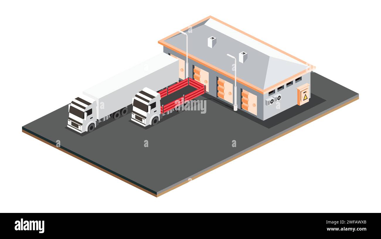 Pequeño almacén isométrico. Instalaciones de almacenamiento de almacén con camiones aislados sobre fondo blanco. Ilustración vectorial. Terminal de descarga de carga. Ilustración del Vector