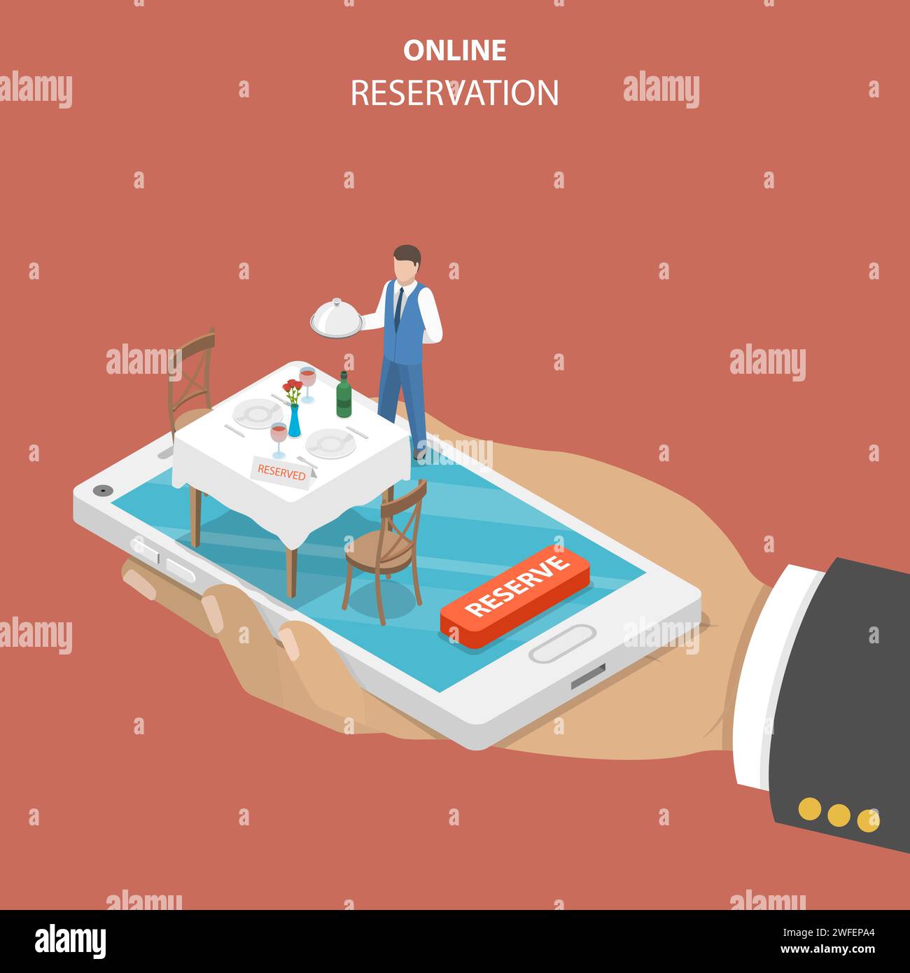 Restaurante reserva online planos isométricos concepto vectorial. La mano es la celebración de un smartphone servido con mesa, sillas y un camarero con un plato. Ilustración del Vector