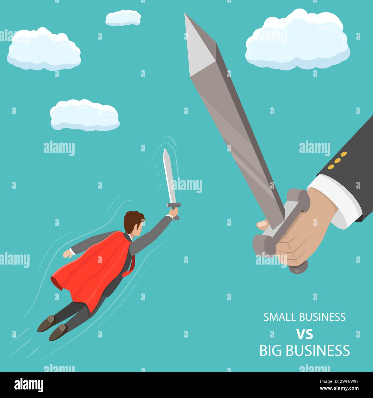 Small Business VS grandes planos isométricos concepto vectorial. Un empresario que parece un superhéroe está volando con la espada en su mano para luchar con enormes nad Ilustración del Vector