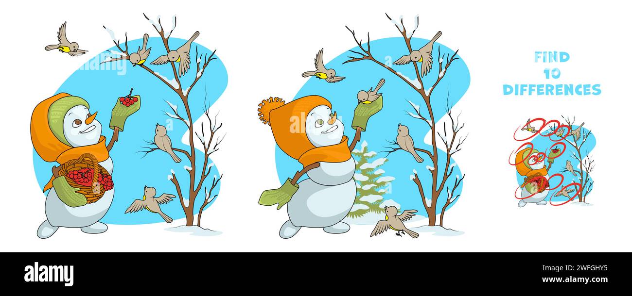 Encuentra 10 diferencias. Muchacha linda del muñeco de nieve alimenta a los pájaros en el bosque del invierno. Juego educativo para libros de preescolar, imprimible y diseño. Ilustración del Vector