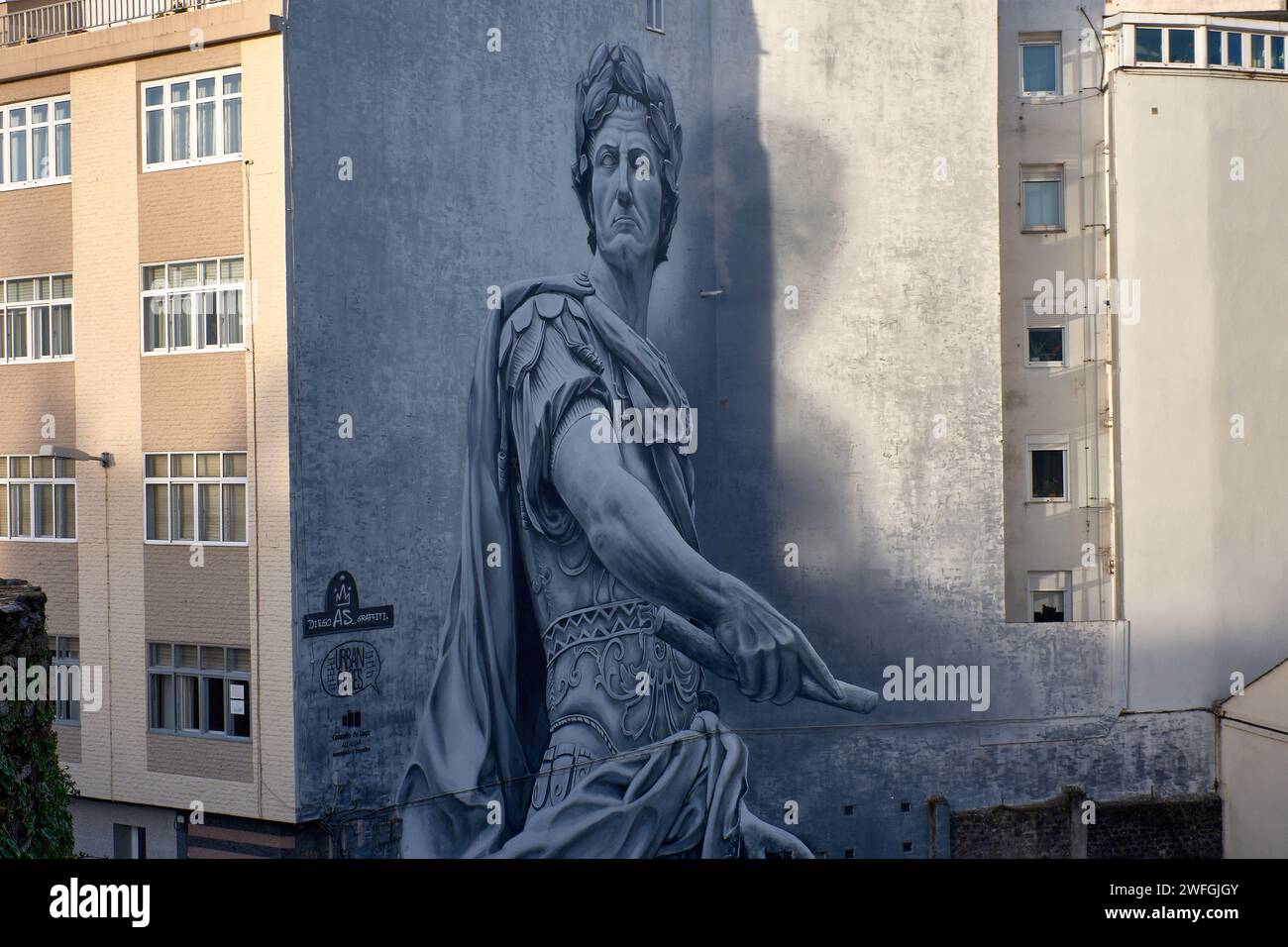 LUGO,ESPAÑA;27 de enero de 2024: El graffiti de 'Julio César' pintado por Diego como el mejor mural urbano del mundo Foto de stock