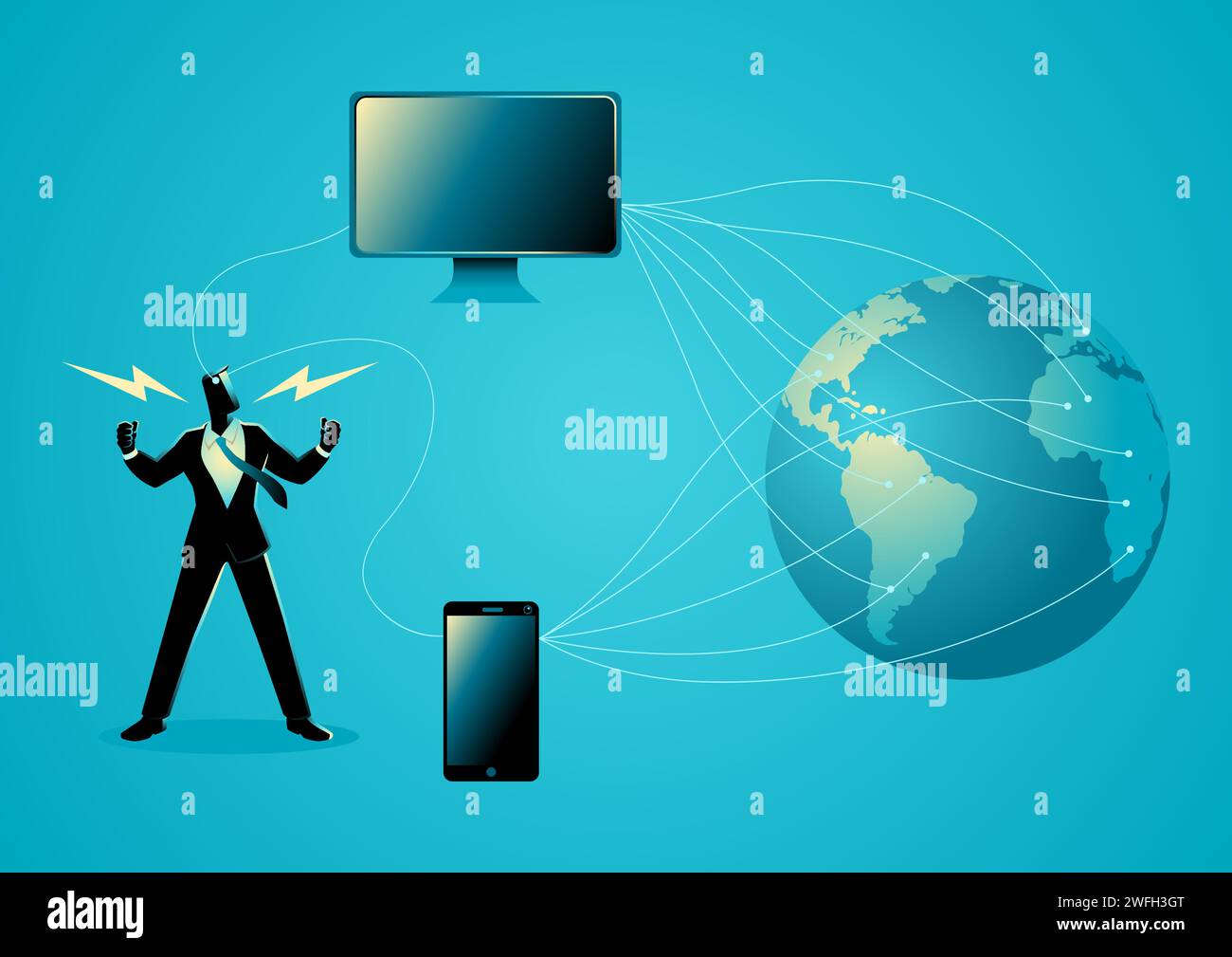 Concepto de negocio ilustración de un hombre de negocios que tiene conexión con el cable con el ordenador y el smartphone al mundo Ilustración del Vector