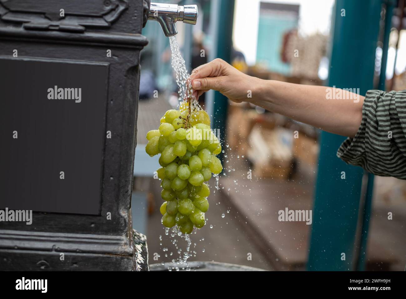 enjuagar un montón de uvas blancas con agua en el mercado Foto de stock