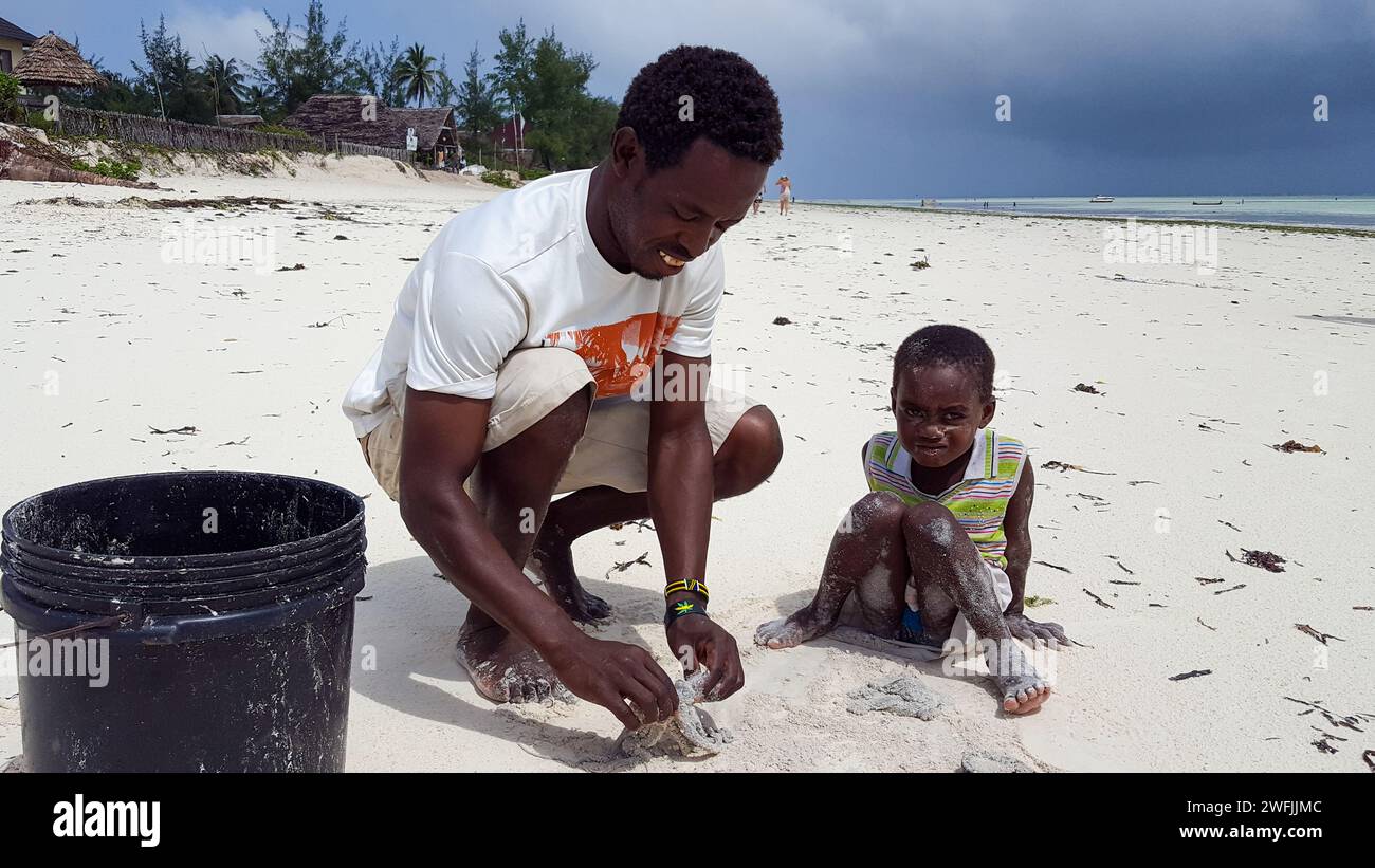 pescador con su hijo atrapando pulpo. Zanzíbar Foto de stock