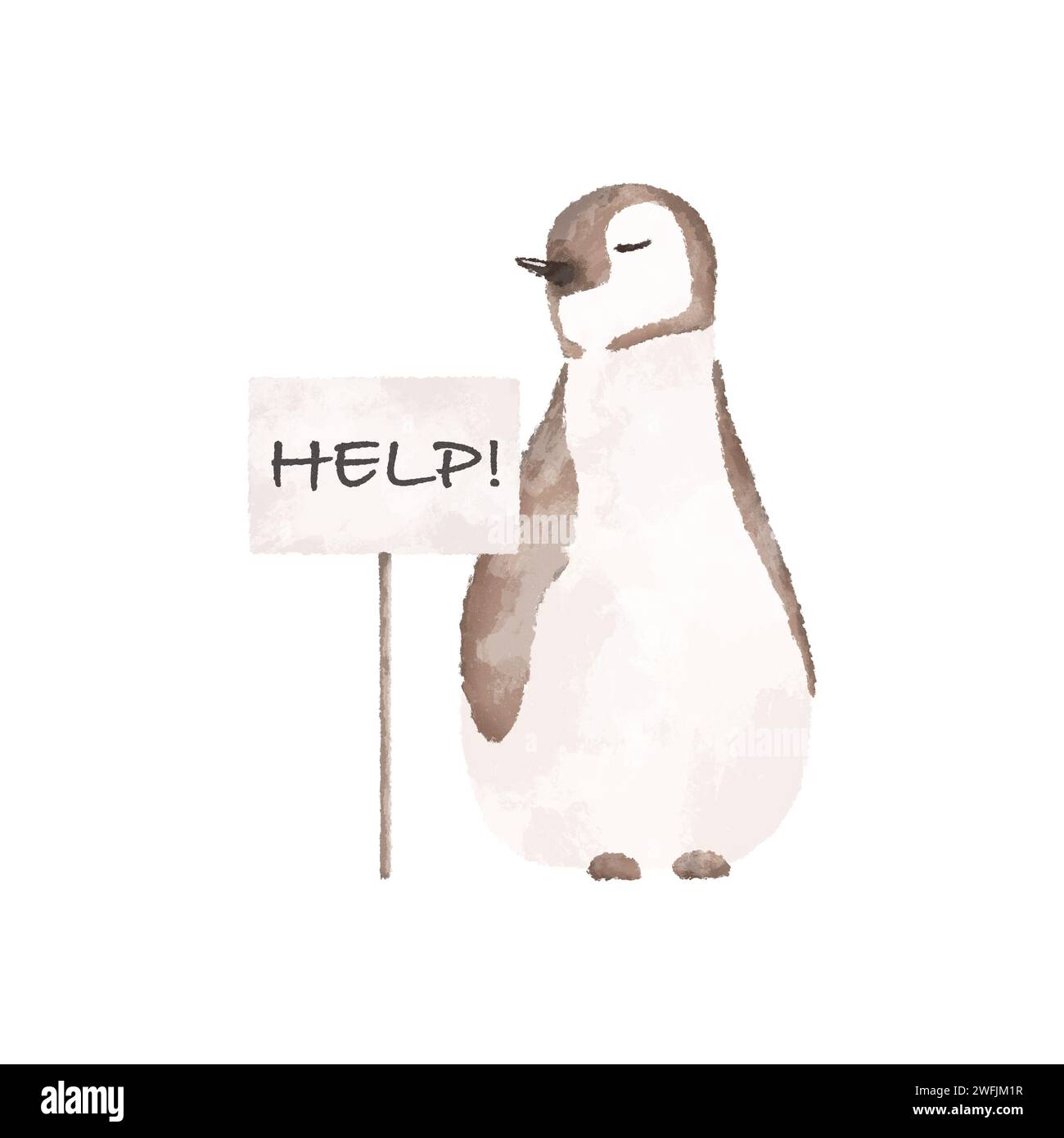 Pingüino con una señal de ayuda. Concepto de calentamiento global. Ilustración del concepto de cambio climático. Arte de conservación del medio ambiente Foto de stock