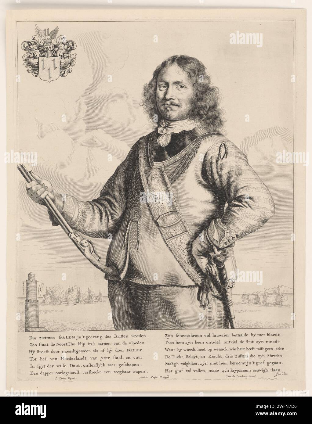 Retrato de Jan van Galen, Michiel Mosijn, después de Jan Lievens, 1653 - 1655 imprimir Retrato del guardián de la flota Jan van Galen con un arma en la mano. En el fondo la batalla de Livorno contra los ingleses. En la parte superior dejó su escudo de armas personal. Amsterdam papel grabado / grabado de batalla, lucha en general (+ fuerza naval). Batalla de Leghorn Foto de stock