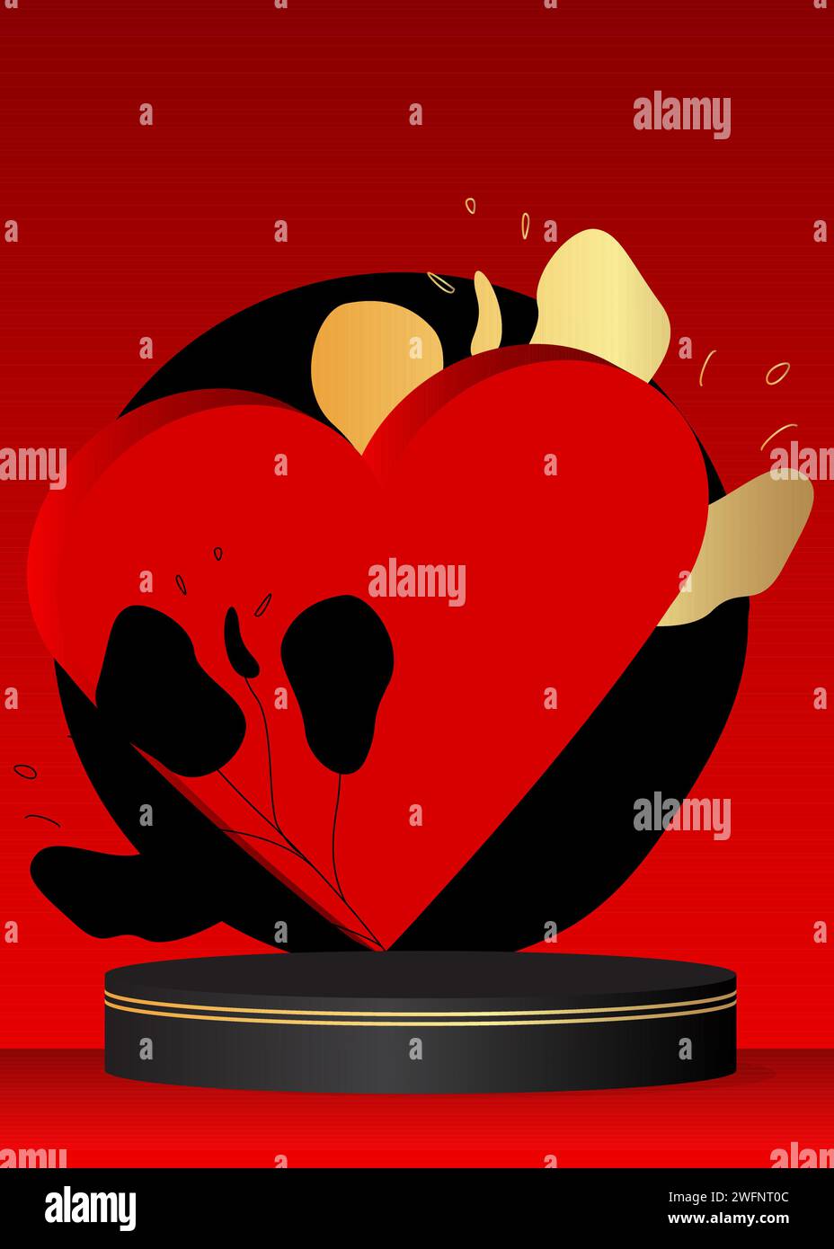 Exhibición roja, dorada y negra del producto de la maqueta con los corazones. Día de San Valentín pedestal podio. Escaparate de escenario para la presentación. Mínimo geométrico f Ilustración del Vector