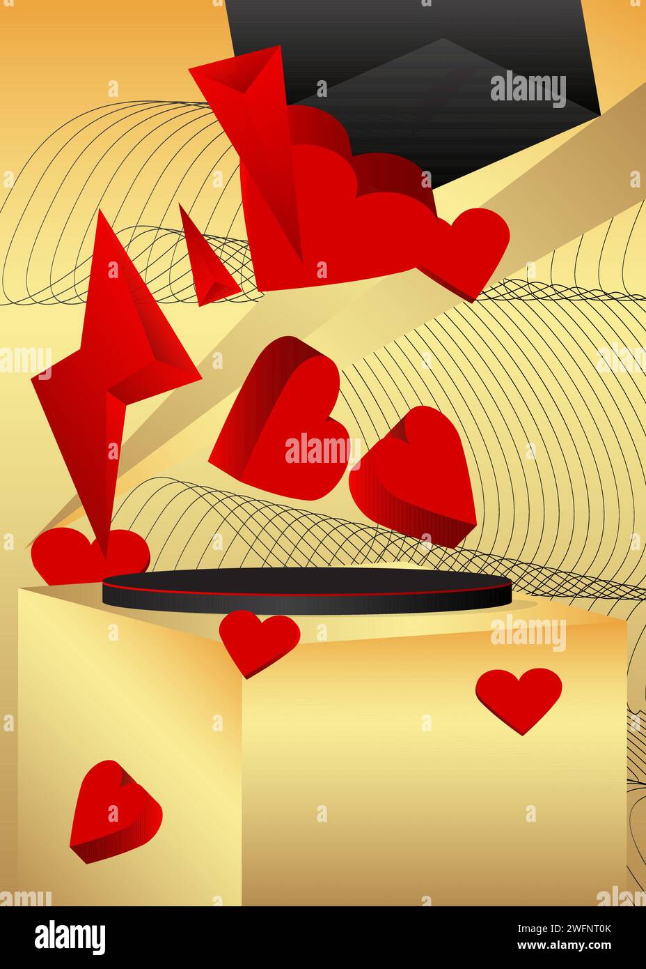 Exhibición roja, dorada y negra del producto de la maqueta con los corazones. Día de San Valentín pedestal podio. Escaparate de escenario para la presentación. Mínimo geométrico f Ilustración del Vector