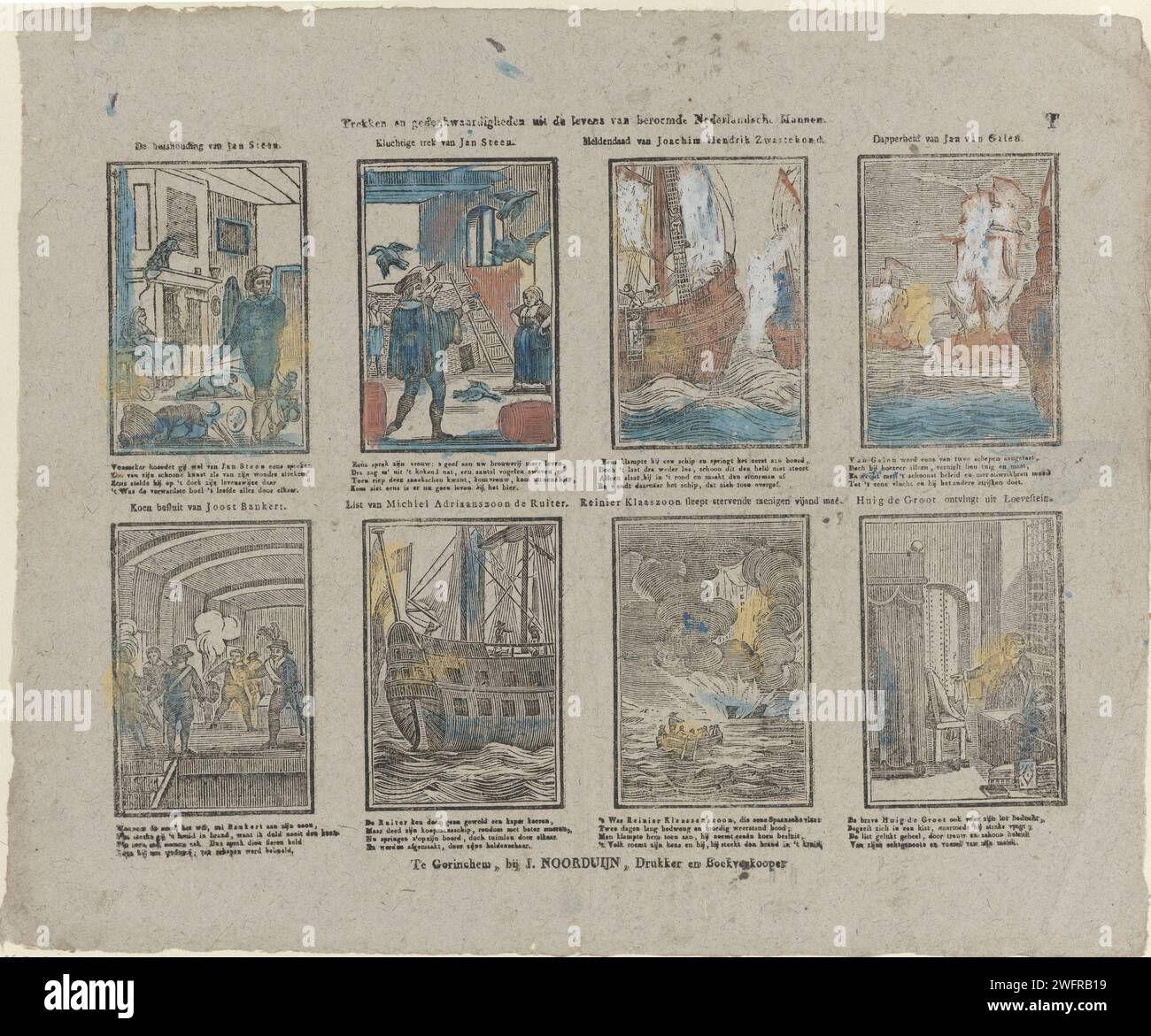 Tirando y conmemorando la vida de famosos holandeses, Alexander Cranendoncq (posible), 1819 - 1840 print Hoja con 8 actuaciones de la vida de famosos holandeses, incluyendo Jan Steen, Jan van Galen, Michiel de Ruyter, Joachim Hendrik Swartenhondt y Hugo de Groot. Debajo de cada imagen un fresco de cuatro líneas y encima de cada imagen un título. Marcado en la parte superior derecha: T. Gorinchem papel tipografía de impresión mitología clásica e historia antigua. Un perfecto shambles (holandés: 'Huishouden van Jan Steen') Slot Loevestein Foto de stock