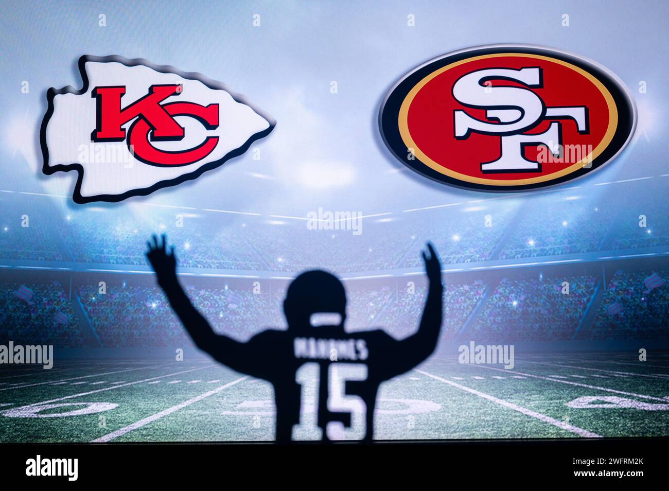 LAS VEGAS, NEVADA, EE.UU., 29 DE ENERO de 2024: Patrick Mahomes silueta Super Bowl LVIII, el Super Bowl 58, Kansas City Chiefs vs. San Francisco 4 Foto de stock