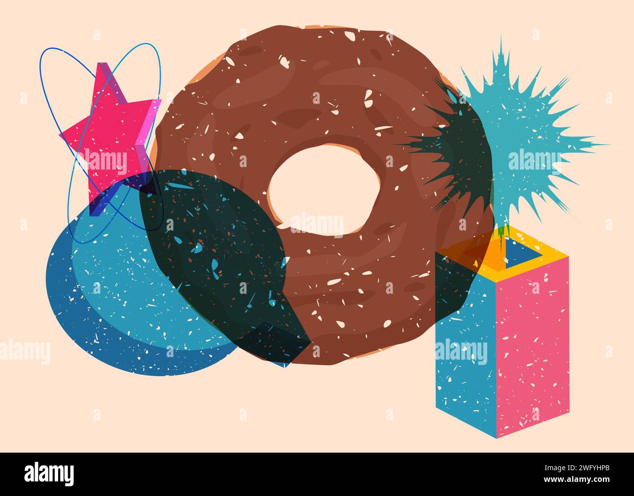 Risograph Doughnut, comida dulce con burbuja de discurso con formas geométricas. Postre en diseño de estilo de textura de impresión riso gráfico de moda con elemento de geometría Ilustración del Vector