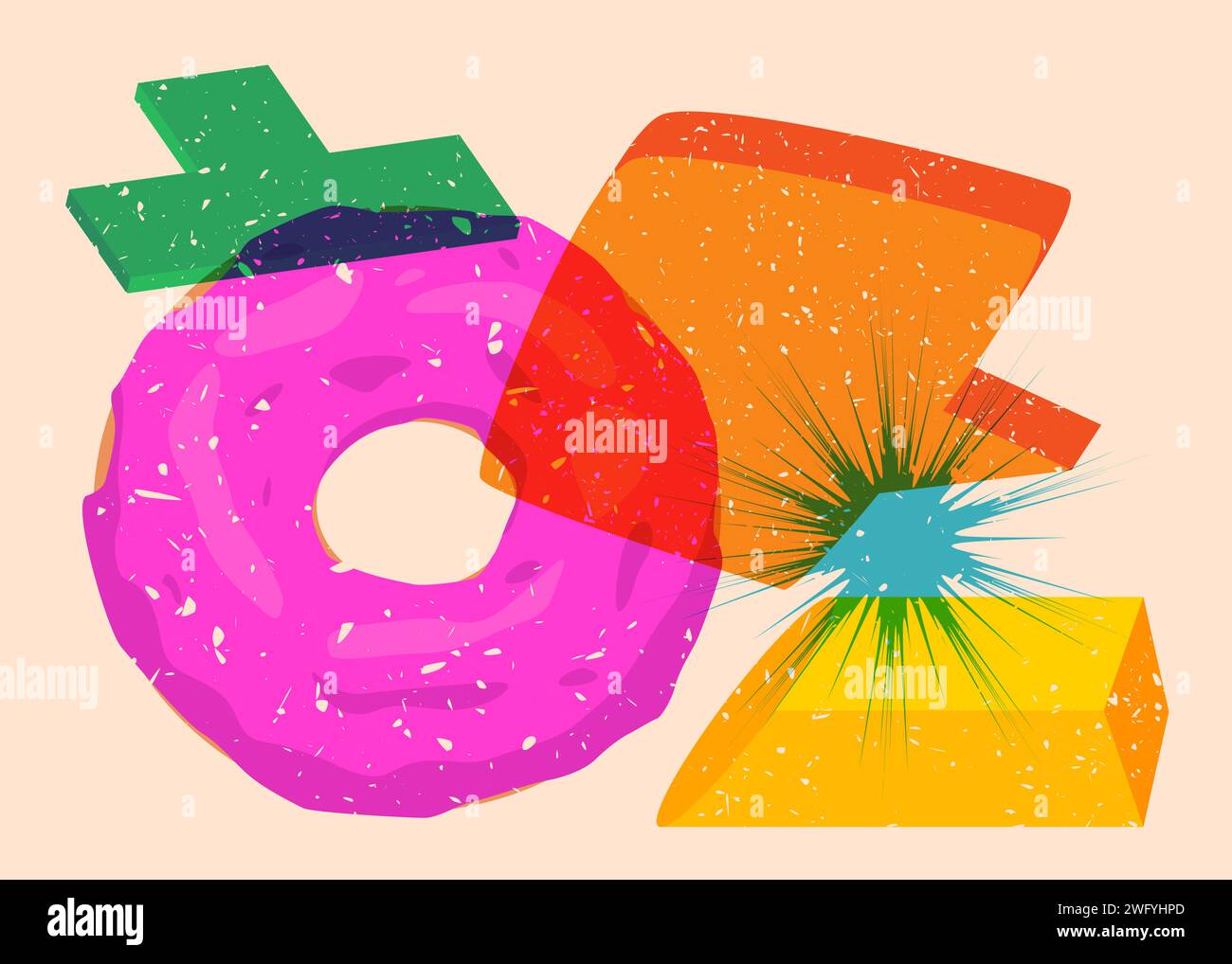 Risograph Doughnut, comida dulce con burbuja de discurso con formas geométricas. Postre en diseño de estilo de textura de impresión riso gráfico de moda con elemento de geometría Ilustración del Vector