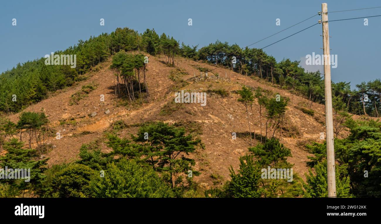 Primer plano de gran área en la cima de la montaña que ha sido despejada de árboles y dejado estéril Foto de stock