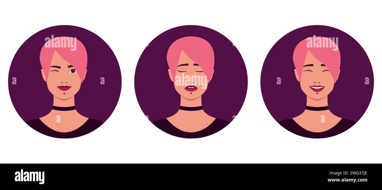 Conjunto de retratos de una hermosa mujer joven informal con el pelo rosa y piercing. Sonriendo y guiñando, llorando y riendo chica. Ilustración vectorial Ilustración del Vector