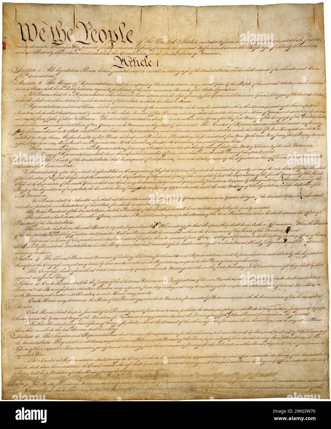Primera página de la copia manuscrita original de la Constitución de los Estados Unidos Foto de stock