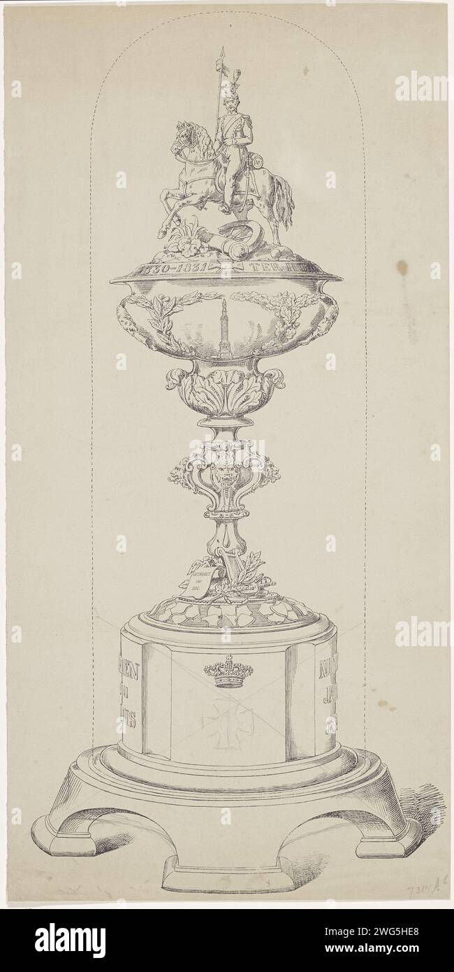 Copa en honor al 30 aniversario de la Cruz de Metal, 1861, 1861 imprimir Diseño para una caja decorativa con motivo de las fiestas en torno al 30 aniversario de la Cruz de Metal, celebrada en La Haya en agosto de 1861. La copa fue ofrecida a Joost Hendrik Burlage, diseñador de la Asociación Metal Cross, como muestra de la gratitud y amistad de la asociación. El signo de distinción está firmado en el pedestal. Vea también otra copia con notas. Taza de papel de los Países Bajos, vaso, copa Foto de stock