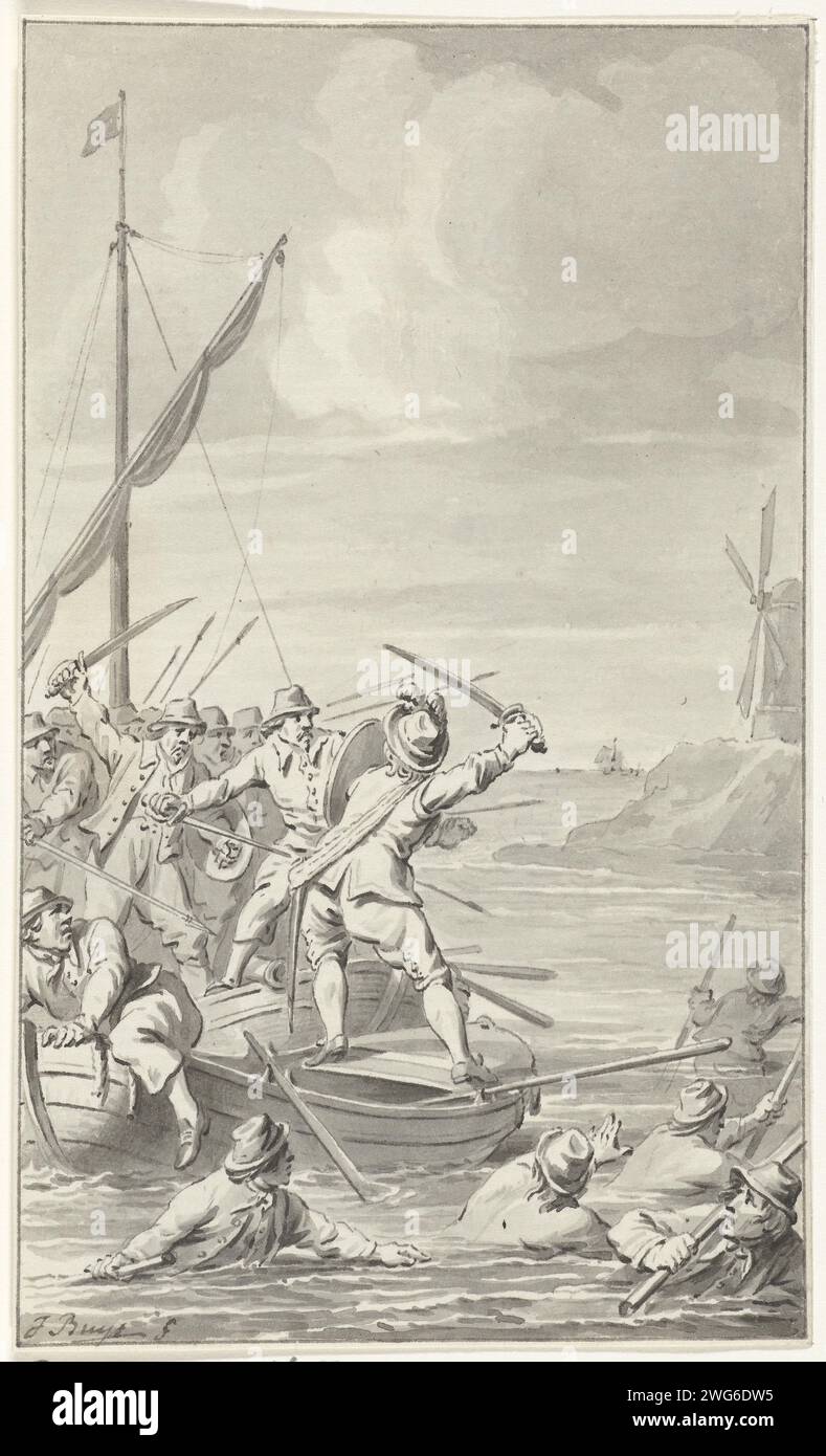 Johan van Galen se defiende contra 20 Rovers, 1649, Jacobus Buys, 1783 - 1799 dibujando a Johan van Galen solo navegando por el mar Mediterráneo hasta Port Maria, se defiende contra 20 ladrones que le roban, 1649. Diseño para una impresión. Documento de los Países Bajos del Norte. tinta pluma / batalla de pinceles (+ fuerza naval). Viajero(s) atacado por ladrón(s) mediterráneo Foto de stock