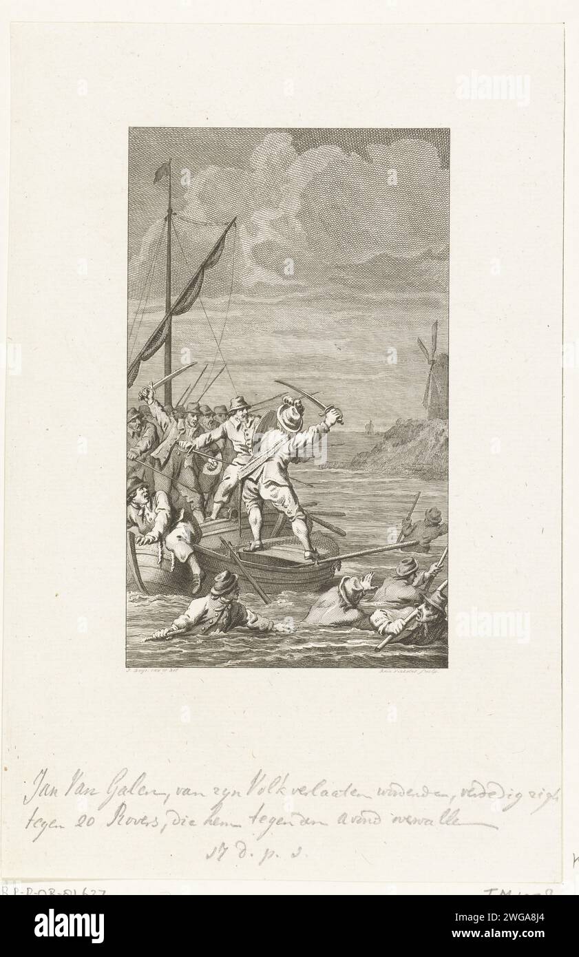 Johan van Galen se defiende contra 20 Rovers, 1649, 1783 - 1799 print Johan van Galen solo navegando por el mar Mediterráneo hasta Port Maria, se defiende contra 20 ladrones que le roban, 1649. Países Bajos grabado de papel viajero(s) atacado por ladrón(s) mediterráneo Foto de stock