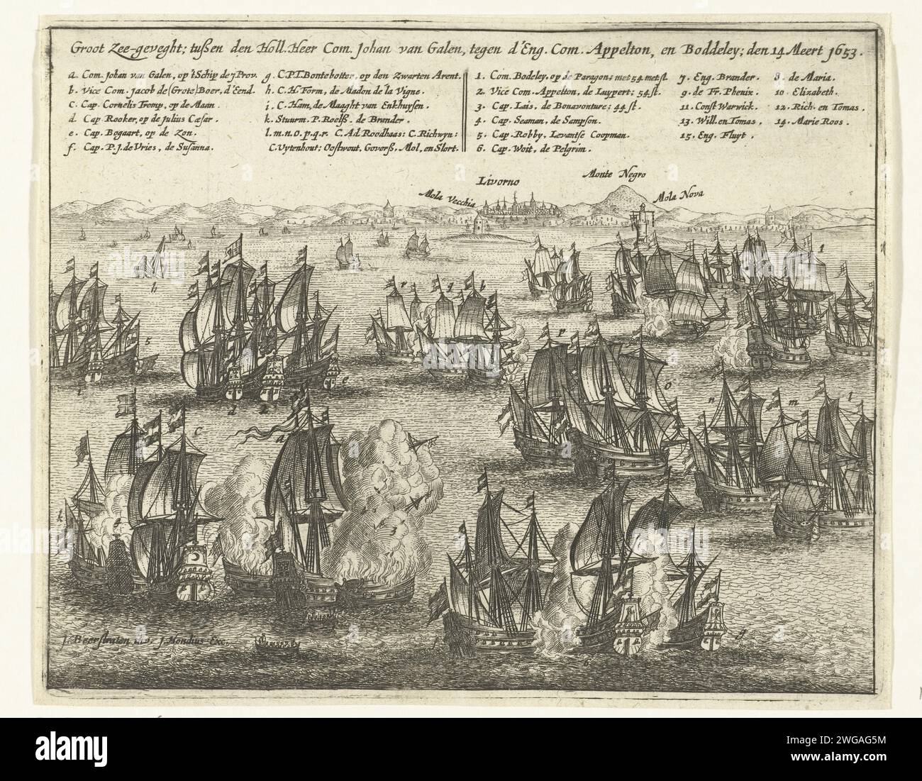 Batalla marítima en Livorno entre la Flota Estatal bajo Van Galen y la flota inglesa bajo Appleton y Badiley, 1653, 1654 - 1656 imprimir Batalla marítima en Livorno en la primera guerra inglesa entre la flota estatal bajo Johan van Galen y la flota inglesa bajo Henry Appleton y Richard Badiley, 14 de marzo de 1653. En la parte superior de la Leyenda A-R y 1-14. Sin numerar [9]. Batalla de grabado de papel del norte de los Países Bajos (+ fuerza naval). Batalla de Leghorn Foto de stock