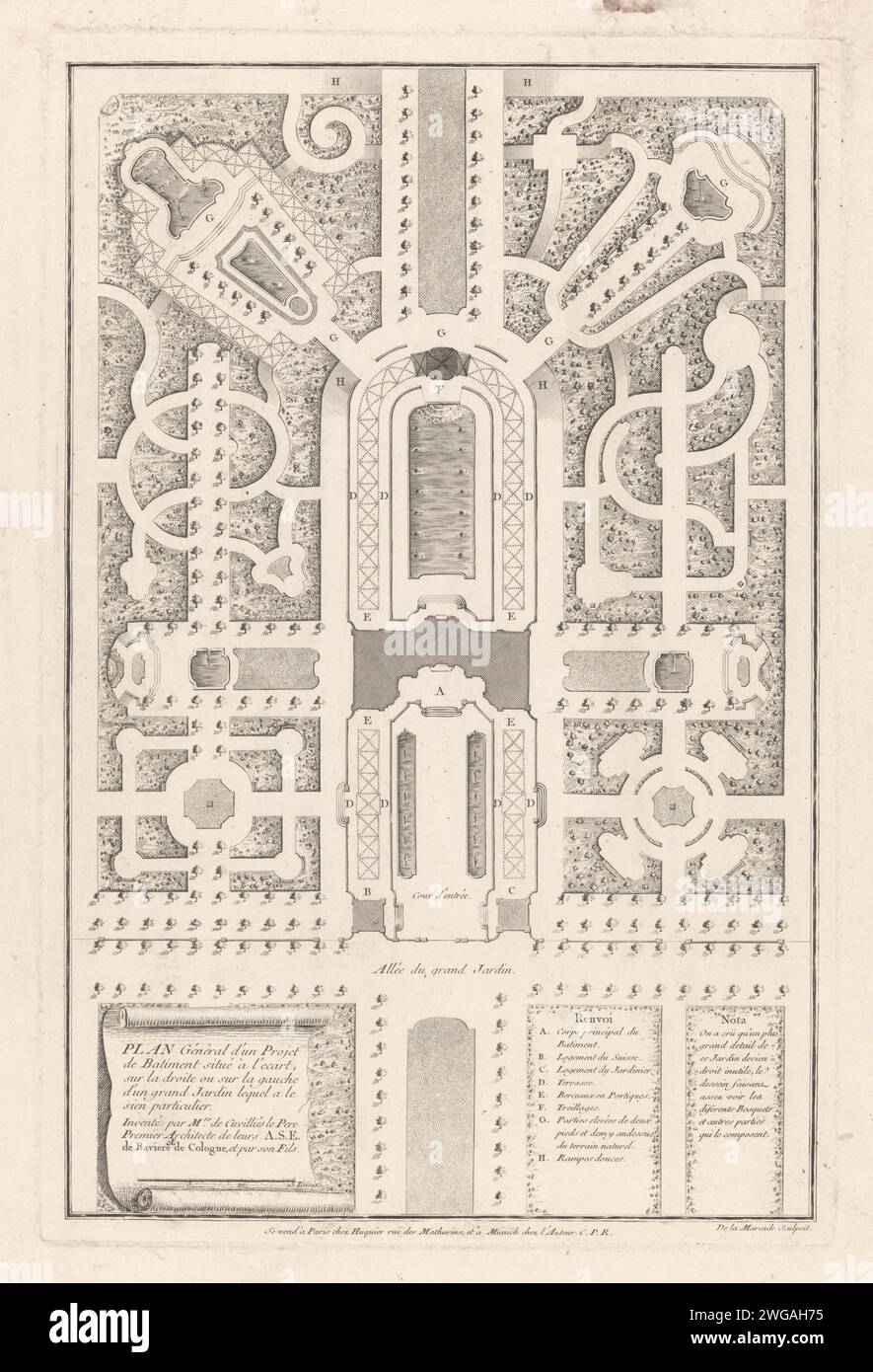 Mapa de Tuin, 1741 - 1768 imprimir Mapa de un jardín con elementos de agua en el centro y en las esquinas. Después del diseño por: GermanyMünchenParis papel grabado / plano de grabado, mapa de jardín Foto de stock