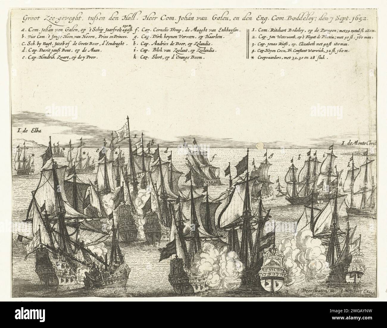 Batalla marítima en Elba entre la Flota Estatal bajo Van Galen y la Flota Inglesa bajo Badiley, 1652, 1654 - 1656 imprimir Batalla marítima en el mar Mediterráneo en la isla de Elba en la primera guerra inglesa entre la flota estatal bajo Johan van Galen y la flota inglesa bajo Richard Badiley, 7 de septiembre de 1652. En la parte superior de la Leyenda A-K y 1-4. Sin numerar [4]. Batalla de grabado de papel del norte de los Países Bajos (+ fuerza naval) Elba Foto de stock