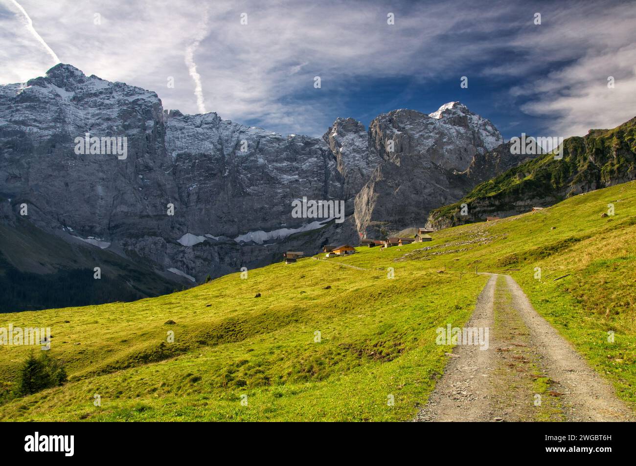 Camino a través de la campiña rural alpina, Sittlisalp, Uri, Suiza Foto de stock