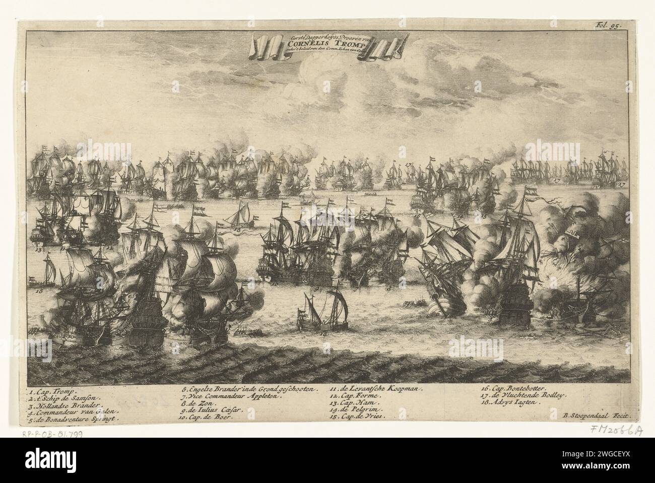 Batalla marítima en Livorno, 1653, 1690 - 1692 imprimir La batalla marítima en Livorno durante la primera guerra inglesa entre la flota estatal bajo Johan van Galen y Cornelis Tromp y la flota inglesa bajo Henry Appleton y Richard Badiley, 14 de marzo de 1653. En la leyenda De Legenda 1-18. En la parte superior derecha marcado: Fol. 95. Batalla de grabado de papel del norte de los Países Bajos (+ fuerza naval). Batalla de Leghorn Foto de stock