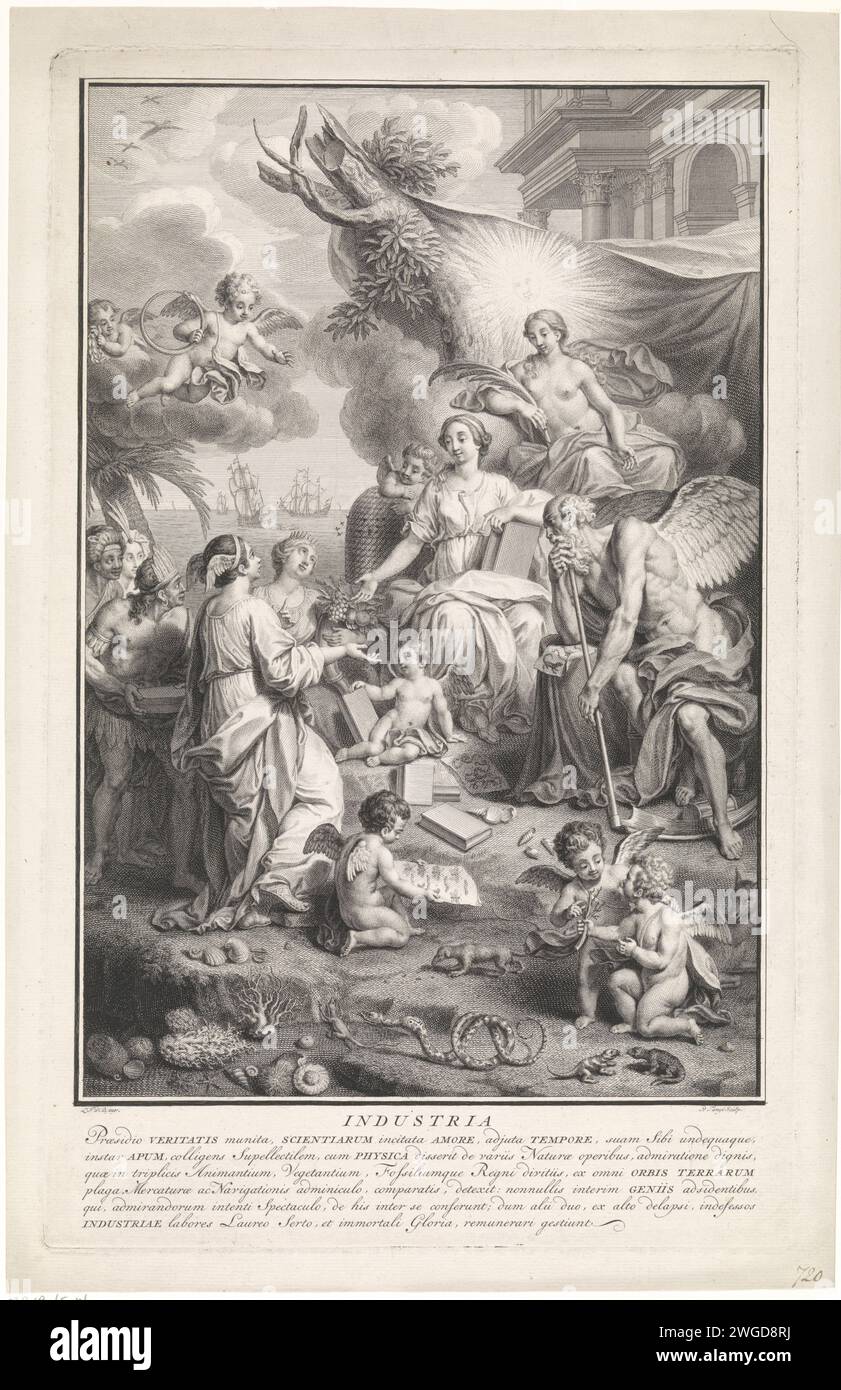 Industria asistida por el conocimiento, la verdad y el tiempo, Pieter Tanjé, después de Louis Fabritius Dubourg, 1716 - 1761 imprimir Industria, con las alas en la cabeza, es asistida por el conocimiento, con un libro bajo el brazo, la verdad, con el sol en la cabeza, y el tiempo del padre. En el fondo, Cibeles tiene su cuerno de abundancia y es una colmena, como un signo de la diligencia. Los barcos en el agua indican el comercio y el transporte marítimo, que promueven la industria. En primer plano putti en medio de animales, corales y fósiles. El putti en las nubes trae una corona de laurel y un símbolo de eternidad para la industria. Pape de Amsterdam Foto de stock