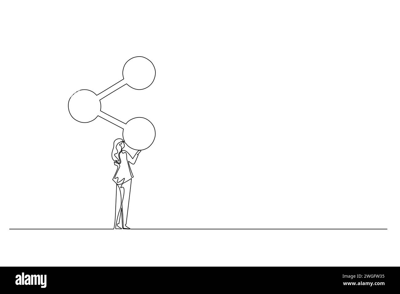 Dibujo lineal continuo de una mujer joven analizando la estructura molecular. Mujer en traje mirando un diagrama químico. Persona de negocios estudios complejos Ilustración del Vector