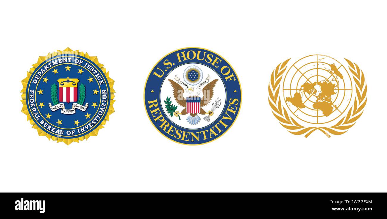 FBI, emblema de la ONU de las Naciones Unidas, Cámara de Representantes de los Estados Unidos. Emblema editorial de marca. Ilustración del Vector
