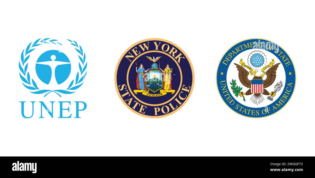 Programa de las Naciones Unidas para el Medio Ambiente del PNUMA, Policía del Estado de Nueva York, Departamento de Estado. Emblema editorial de marca. Ilustración del Vector