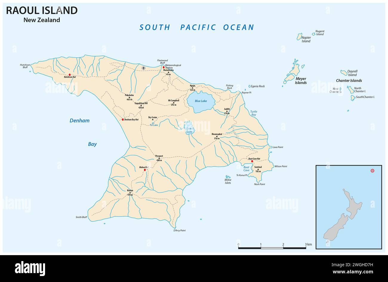 Mapa de la isla Kermadec más septentrional de Nueva Zelanda de Raoul Foto de stock
